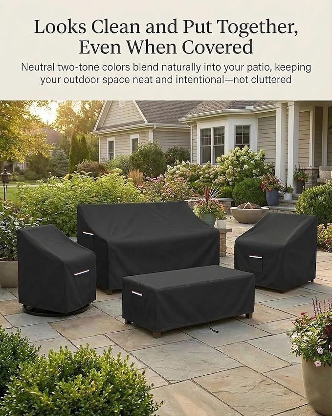4-Piece Patio Furniture Cover Set, Waterproof Outdoor Furniture Covers for 3-Seater Sofa, Patio Chairs & Coffee Table, Heavy-Duty 600D, Fade&UV-Resistant, Breathable, All-Season Protection, Black