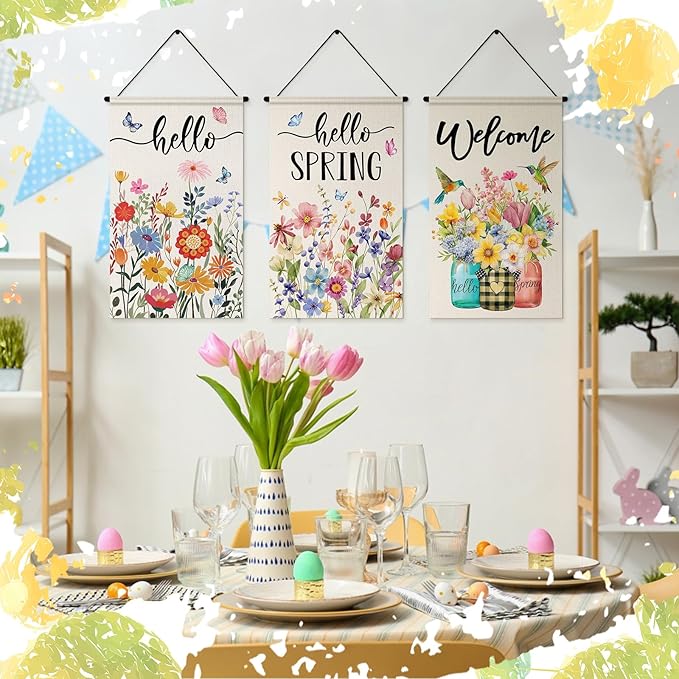 Tegeme 3 Pcs Hello Spring Door Sign Flag Spring Flower Door Banner Holiday Welcome Flag Wall Hanging Decoration for Party Holiday Outdoor Indoor Home
