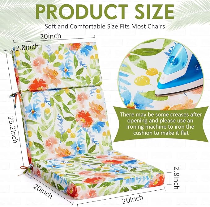 4 Pack Outdoor High Back Chair Cushion, 44 x 20 inches Patio Chair Cushions Waterproof Rocking Cushions Indoor Furniture Seat Pad, Weather Resistant (Floral,Pastel)