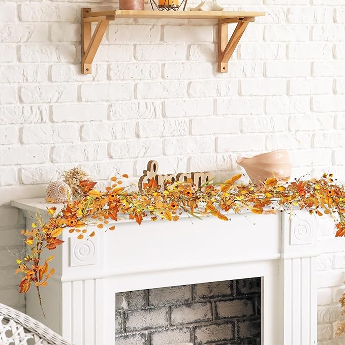 6.5FT Fall Garland, Artificial Maple Leaf Hanging Vine for Indoor Outdoor, Fireplace Mantle Thanksgiving Halloween Holiday Decor