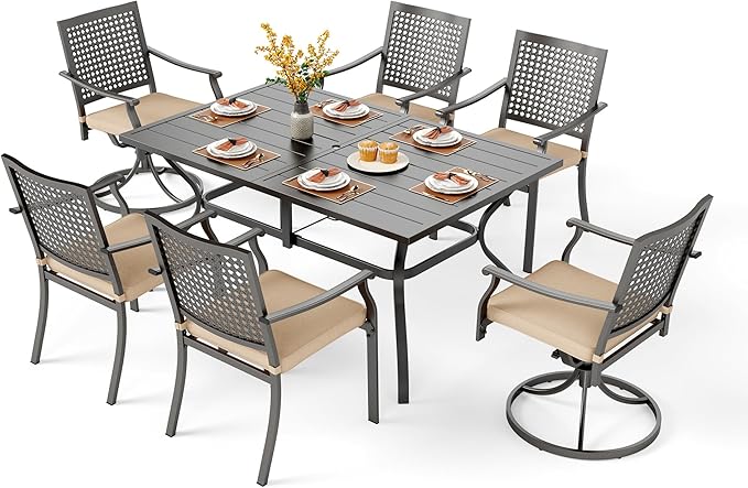 PHI VILLA 7 Pieces Outdoor Dining Set for 6, 60" Rectangle Metal Steel Table with Umbrella Hole & Swivel Fixed Chairs with Cushions, Modern Wrought Iron Furniture for Patio, Deck, Yard, Porch