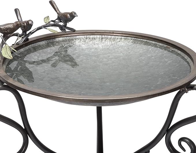 Alpine Corporation Vintage Metal Birdbath with Twigs and Bird Figurines - Iron Outdoor Decor for Garden, Patio, Deck, Porch