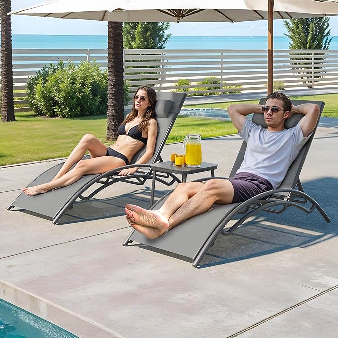 DWVO Outdoor Chaise Lounge Chair Set, 3-Piece Patio Lounge Chairs with Coffee Table & 5-Position Adjustable Backrests, Headrest, Armrest, Sunbathing Recliners for Poolside, Backyard, Navy
