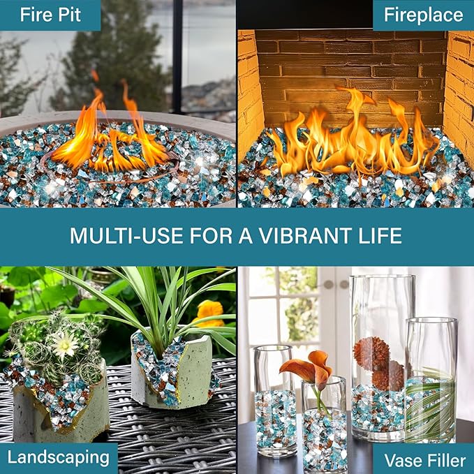 NUPICK 10 Pound Fire Glass, 1/2 Inch Reflective Fire Pit Glass, Tempered Firepit Glass Rock for Propane or Natural Gas, Glass Rocks for Fire Pit Table or Fireplace, Aqua Blue & Copper & Platinum Mix