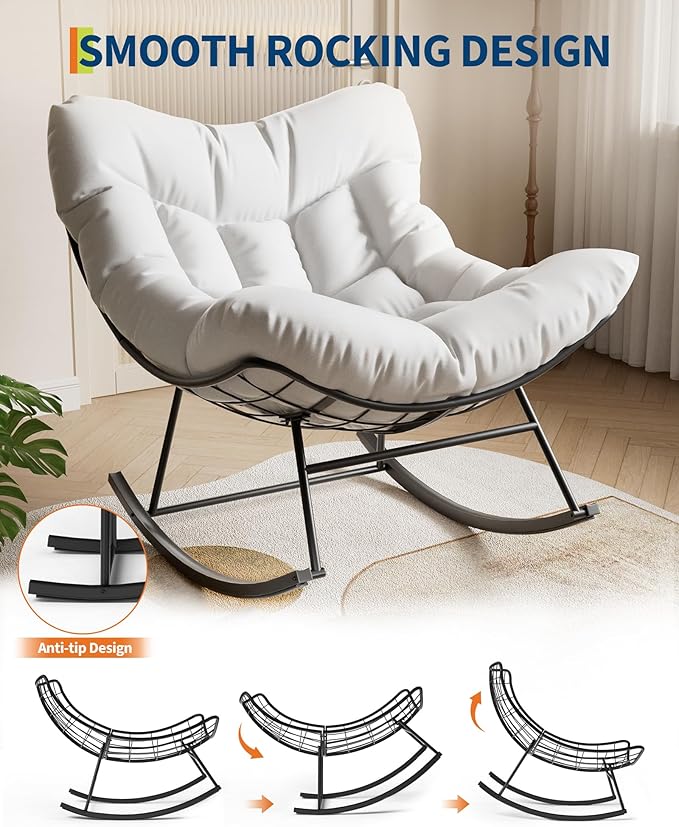 GarveeLife Outdoor Papasan Rocking Chair, Oversized Rocking Chair with Sturdy Metal Frame, Patio Rattan Egg Rocker for Balcony Backyard Porch Bedroom, White