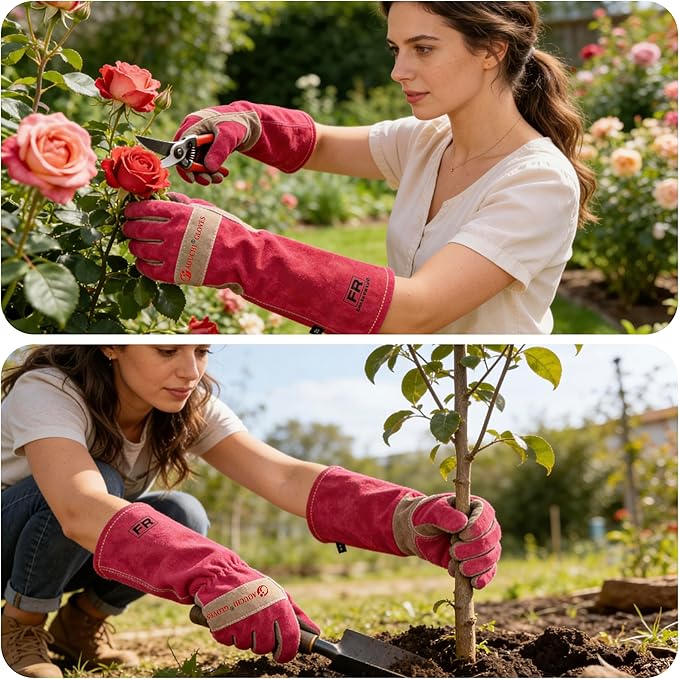 Gardening Gloves for Women, Long Thorn Proof Garden Gloves for Yard Work, Heat Resistant Leather Gloves for Welding, BBQ, Cooking, Fireplace, Chainsaw, Utility, Durable (Rose Red, X-Small)