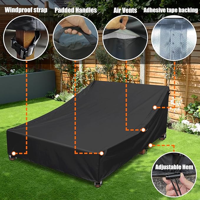 Double Lounge Chair Cover 100% Waterproof Outdoor Chaise Lounge Cover 600D Weather Resistant Material, UV Protection, Windproof Design Double Wide Patio Lounge Chairs Covers (Black)