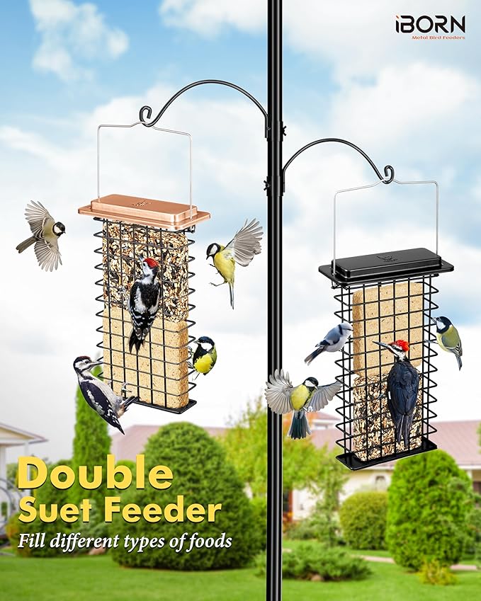 iBorn Metal Double Suet Feeder,Durable Suet Cake Cage Bird Feeder for Outdoors Hanging，Metal Roof Bird Feeder with Taller Grid for Woodpeckers,Large Suet Holder,Easy Clean & Refill,1 Pack,Copper