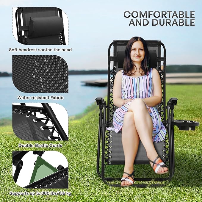 Athena Collection Zero Gravity Chair, Outdoor Lounge Chair with Adjustable Pillow and Cup Holder, Reclining Camping Chair for Outside Beach Lawn Garden Patio Poolside - Black