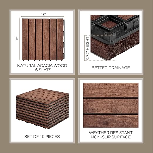 10 Pcs Deck Tiles, Patio Flooring - Outdoor Waterproof Acacia Wood Tiles for All Weather Use - Balcony, Backyard, Indoor & Outdoor (Dark Brown Striped Pattern, 10 Square Ft)