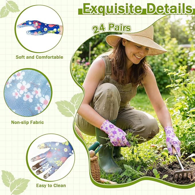 24 Pairs Gardening Gloves for Women PU Coated Breathable Non-slip Knitting Gloves for Gardening Planting Seeding