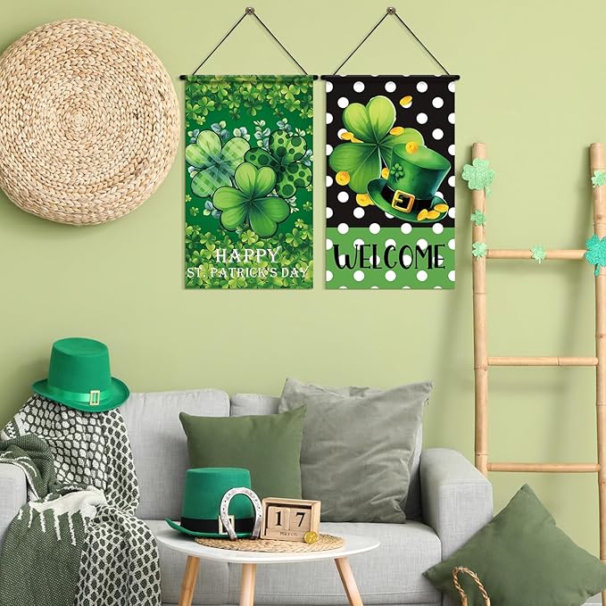 Tegeme 3 Pcs Happy St. Patrick's Day Banner Door Decoration St. Patricks Day Hanger Door Sign Green Shamrock Hanging Flag Ornaments for Irish Party Holiday Outdoor Indoor Home