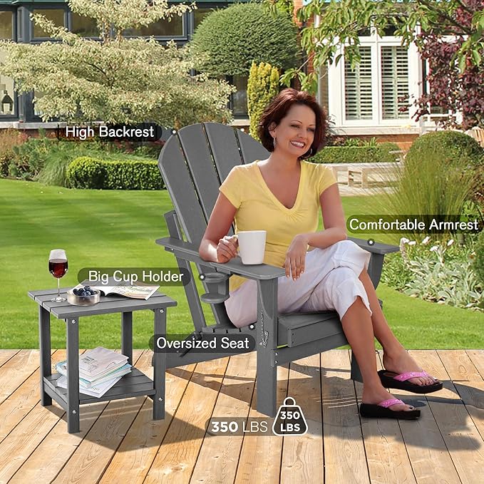 nalone Folding Adirondack Chairs Set of 2 with Cushion with Cup Holder, HDPE Plastic Oversized Patio Chair Weather Resistant, Used in Outdoor, Fire Pit, Deck, Garden, Campfire Chairs (Grey)