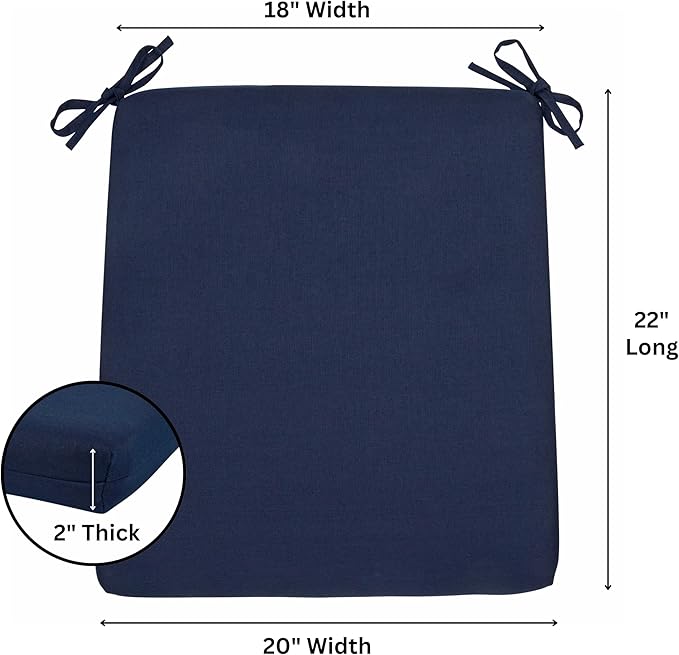 Shine Company Weather-Resistant Outdoor Rocking Chair Seat Cushions, 22"x20", Performance Fabric with Foam Core, Removable Cover with Ties, Set of 2, Navy Blue