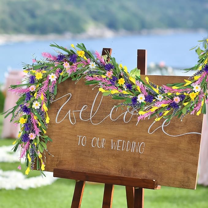 6.5 Ft Spring Summer Garland Artificial Wildflower Lavender Daisy Wisteria Wreath Swags Vine Floral Wreath Garland Fake Flower Greenery Eucalyptus Garland for Wedding Arch Porch Table Farmhouse Decor
