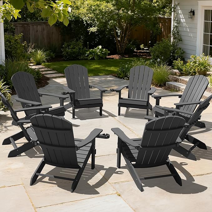 YEFU Adirondack Chairs Set of 8: Plastic Adirondack Chairs - Patio Chairs with Wood Texture - Outdoor Chair HIPS - Lawn Fire Pit Deck Porch Garden Chairs for Adults (Dark Grey)