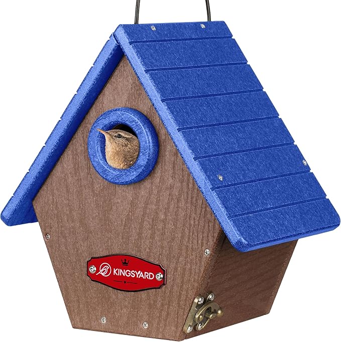 Kingsyard Recycled Plastic Bird House for Outdoors - Hanging Nesting Box with Predator Guard & Air Vents for Wren Finch Chickadee, Blue