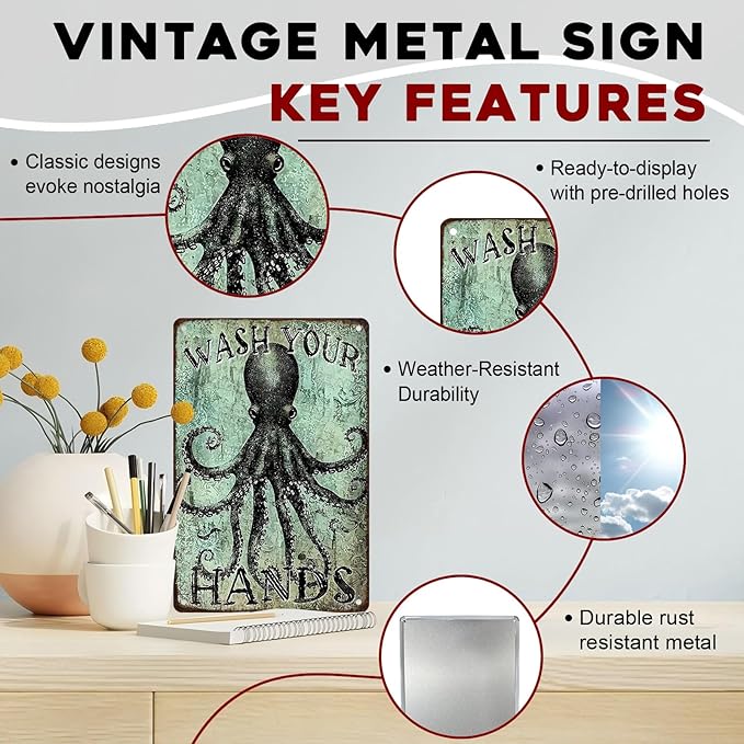 Funny Octopus Metal Tin Sign Wash Your Hands Vintage Tin Signs Bathroom Signs Restroom Decor Guest Wall Decor 8x12inch
