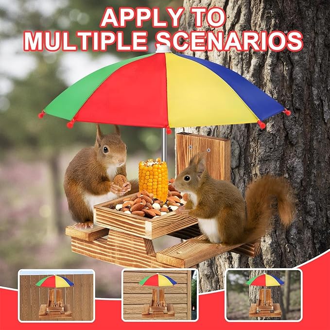 Gnodary Squirrel Feeder with Umbrella, Squirrel Feeders for Outside, Squirrel Picnic Table Feeder - Chipmunk Feeder Hold Corn, Corn Cob, Peanuts Style2 (Red)