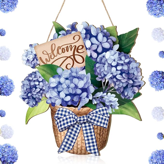 Barydat Spring Door Sign Blue Hydrangea Wreaths Flowers Spring Door Hanger Rustic Easter Welcome Hanging Wreath for Summer Front Indoor Home Porch Wall Windows
