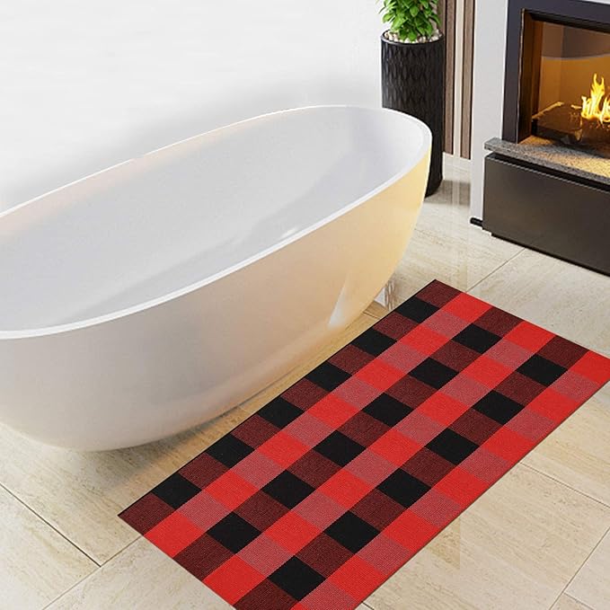 MUBIN Black and Red Plaid Rug 2x4 ft Outdoor Buffalo Checked Rug Halloween Christmas Decor Cotton Reversible Hand-Woven Indoor Washable Front Porch Rugs for Layered Front Door Mats