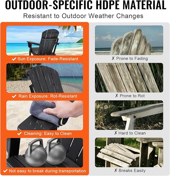 VEVOR Folding Adirondack Chairs Set of 2 with Cup Holder, All-Weather Portable Plastic Fire Pit Chair, Outdoor Adirondack Patio Chair, with Relaxing Arm Rest Ergonomic, for Garden, Backyard, Black