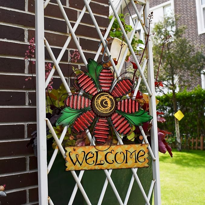Large Rustic Metal Red Flower Welcome Wall Art Decor Hanging Metal Flower Welcome Door Wreath Kitchen Living Room Bathroom Patio Garden Yard Wall Decoration