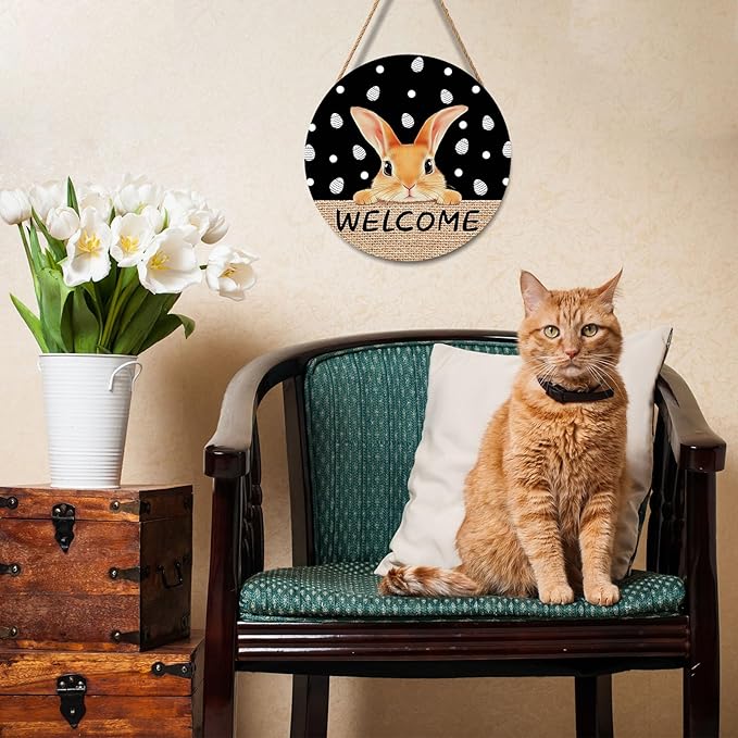 Welcome Door Sign For Front Door Decor,Easter Bunny Eggs Black Wooden Sign 12"x 12" Round Easter Hanging Door Sign Decoration for Wall Rustic Decor
