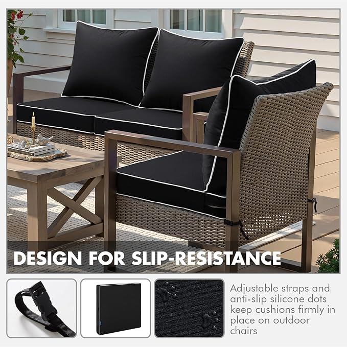 MIULEE Black Outdoor Seat Cushion 22x24 Inch Waterproof & 3 Year Fade Resistant Deep Seat and Back Cushion for Patio Furniture Chair Sofa Couch with Handle and Adjustable Straps