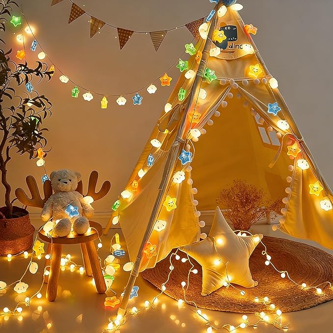 Colorful Clouds Stars Lights, 9.8FT 20 LED Lights with Battery Operated Children's Bedroom Tents, Birthday Decorations, Wedding New Year Christmas Party Decoration (Stars Clouds, 9.8FT)