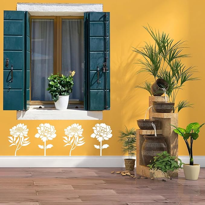 6 PCS Large Flower Stencils, Sunflower Peony Reusable Plastic Paint Templates for Painting on Wood, Floral Plant Stencils Set for Garden Fence Wall Mural Wood Furniture Fabrics Art DIY Craft Decor