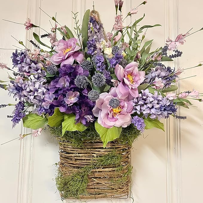 Cream Hydrangea Door Hanger Basket Wreath, Wildflowers Door Hanging Basket, Front Door Beautiful Artificial Spring and Summer Wreath Welcome Sign, Home Porch Farmhouse Decor (D)
