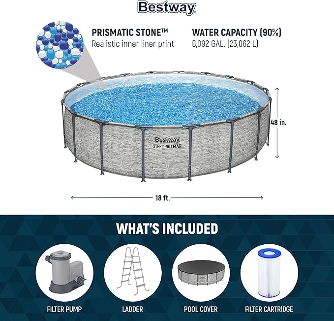 Bestway Steel Pro MAX 18' x 48" Above Ground Pool, Round Metal Frame Outdoor Swimming Pool Set with Filter Pump, Ladder, and Cover, Stack Stone