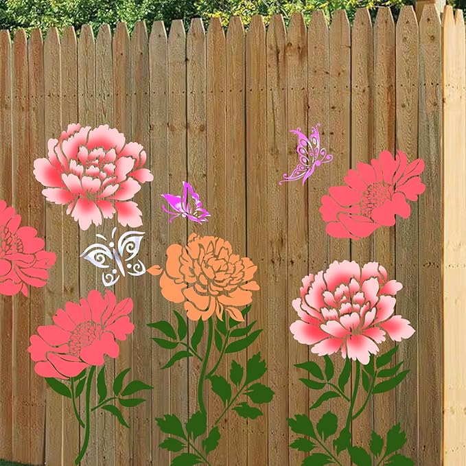 Large Fence Flower Stencils for Painting on Garden Wall Wood Floor Canvas Paper Furniture Reusable Floral Painting Stencil with Butterfly Decor