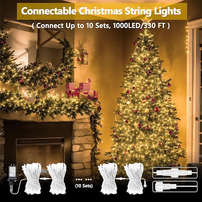 2 Pack 100 LED Connectable String Lights Indoor Outdoor, 33FT Clear Wire Christmas Lights for Bedroom, 13 Modes Twinkle Fairy String Light for Xmas Tree Wedding Party Bedroom Garden Decor (Warm White)