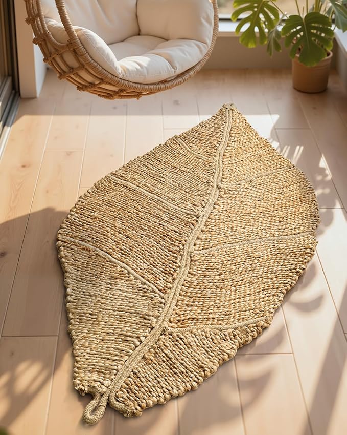 DEXI Jute Door Mat Inside Entryway Braided Woven, 20x32 Front Entrance Doormat Inside Leaf Shaped, Welcome Natural Fiber Entry Mats Farmhouse Home Decor, Beige