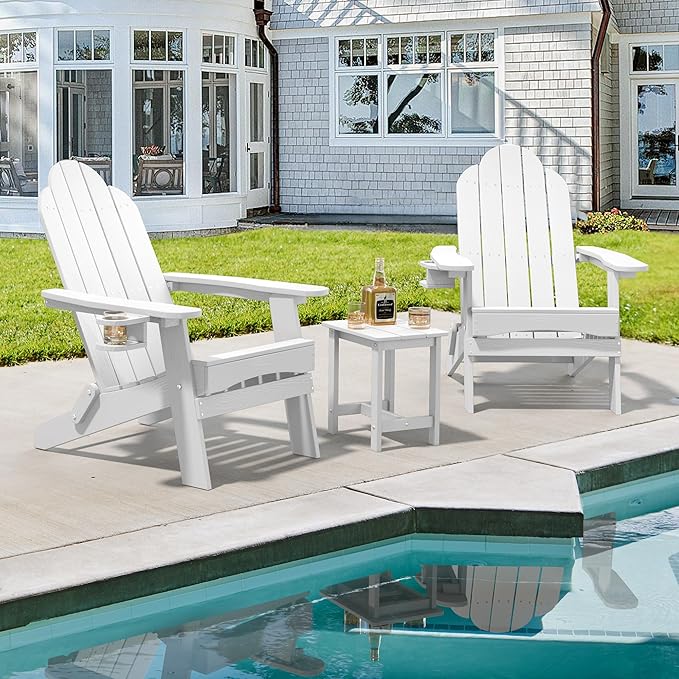 LUE BONA Folding Adirondack Chair 3 Piece Set, White HDPS Outdoor Chair with Side Table & Cup Holder for Poolside Balcony Seating