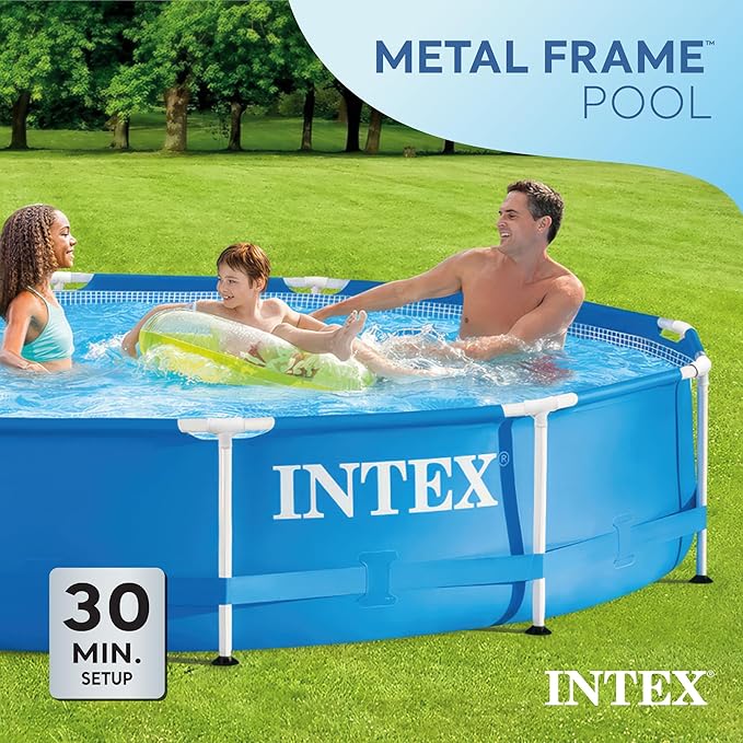 Intex Metal Frame 12 ft x 30 in Round Above Ground Outdoor Backyard Swimming Family Pool for Kids and Adults Ages 6 and Up, Blue