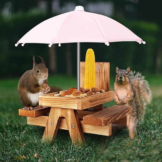 Gnodary Squirrel Feeder with Umbrella, Squirrel Feeders for Outside, Squirrel Picnic Table Feeder - Chipmunk Feeder Hold Corn, Corn Cob, Peanuts (Light Pink)