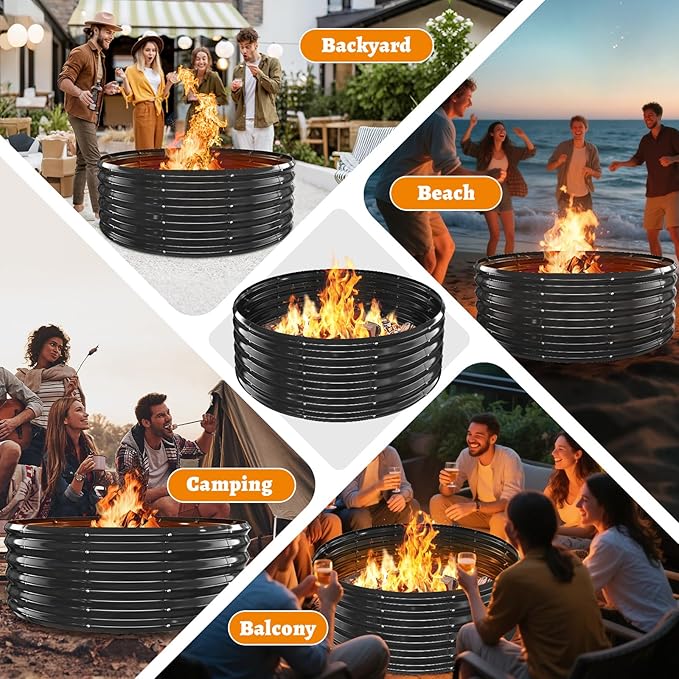 Metal Fire Pit Ring/Bonfire Fire Ring- 48 Inches Diameter, 0.7 MM Thick,1.5 ft High, Durable and Stylish for Outdoor Fire Pits,Patios and Camping (Black, 4X4X1.5 ft)