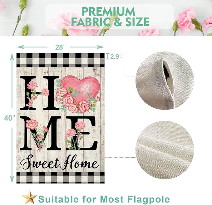 ORTIGIA Happy Mothers Day House Flag 28 x 40 Inch Double Sided Home Sweet Home Carnation Floral Flower Wedding Anniversary Yard Flag Summer Holiday Outdoor Outside Decoration (Large)