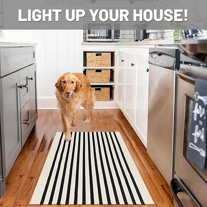 IOHOUZE Black Beige Striped Rug -2.3'x3.6' Front Door Rugs Outdoor, Small Washable Area Rug for Front Porch, Spring Summer Welcome Mats Outdoor Indoor, Doormat for Entryway Porch Entrance