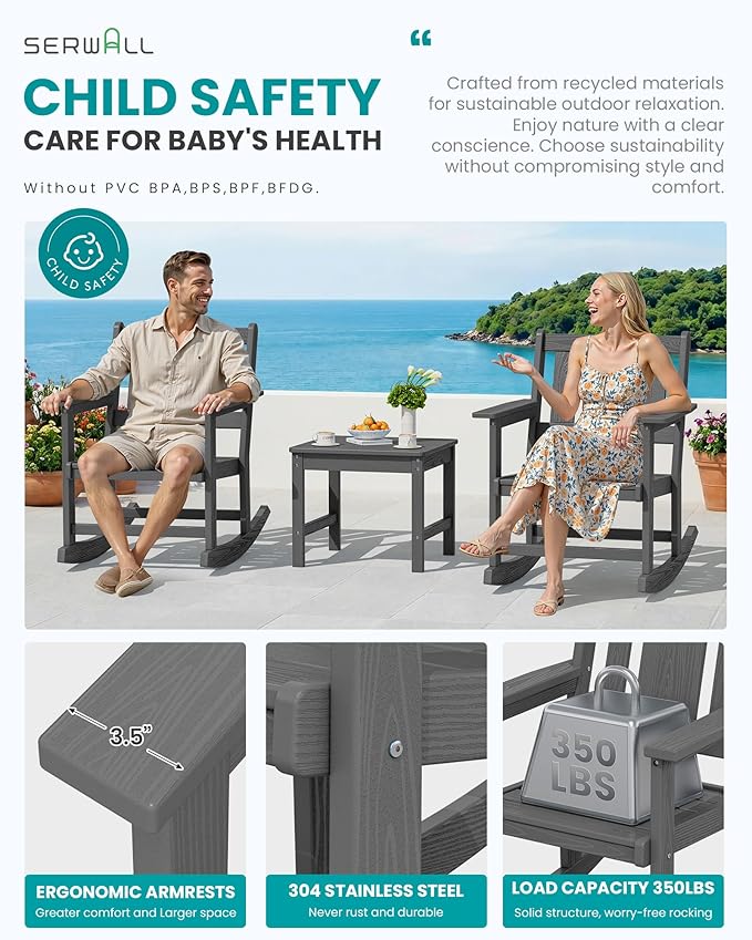 SERWALL Outdoor Rocking Chair Set of 2 with Side Table, All-Weather HDPE 3 Piece Patio Furniture Set, Outdoor Bistro Set with Pre-Drilled Hole for Porch Deck Lawn Balcony, Grey