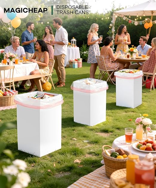 4 Pack Corrugated Cardboard Disposable Trash Cans for Parties, 40 Gallon Collapsible Garbage Cans with Handle, Thick Foldable Bins for Party Events Camping Beach(18.1" L x 18.1" W x 35.7" H), White