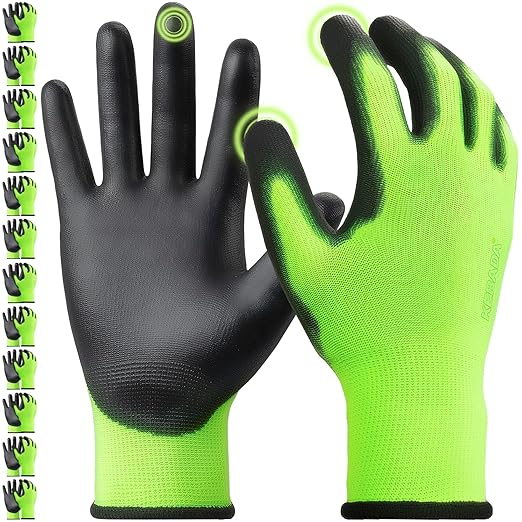 Kebada W1 Work Gloves for Men and Women, PU Coated Safety Gloves with Grip, Touchscreen, Ideal for Warehouse Package Handling, Construction, Gardening, Green XXL