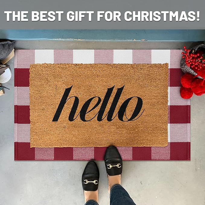 IOHOUZE Christmas Buffalo Plaid Rug 2x3 Ft Outdoor Indoor Doormat Red White Check Washable Area Rug Woven Cotton Checkered Front Porch Mat Christmas Decor for Front Door Entryway Home Entrance