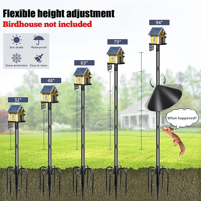 Gtongoko Smart Bird Feeder Pole Squirrel Proof 1-Inch Dia 94 Inch with 4 Shepherds Hooks Hanging Bluebird House Pole for Outdoors Squirrel Baffles for Feeders Metal Heavy Duty Mounting Kit