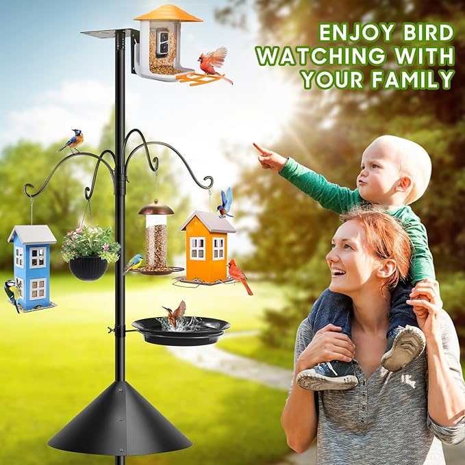 Bird Feeder Station with Squirrel Baffle and Bird Bath,Squirrel Proof for Bird Poles Hanging Feeder Station Kit Adjustable Heavy Duty Metal 5 Prong Base, Patio, Garden Decoration 92IN (Not House)
