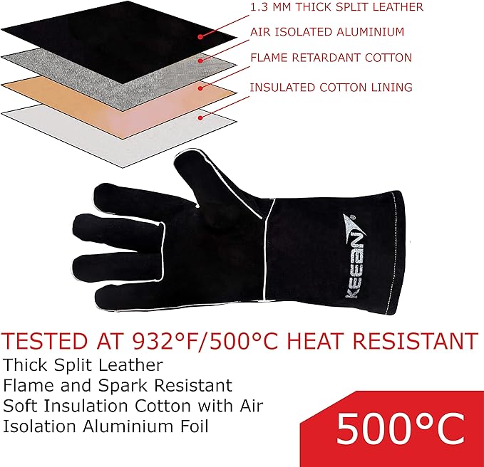 ARC/MIG 14 Inch Welding Gloves Black Heat&Fire Resistant At 500°C Leather Cut Proof Gaunlets With Kevlar Stitching, Thermal Work Safety Protective Heavy Duty, Pack Of 1