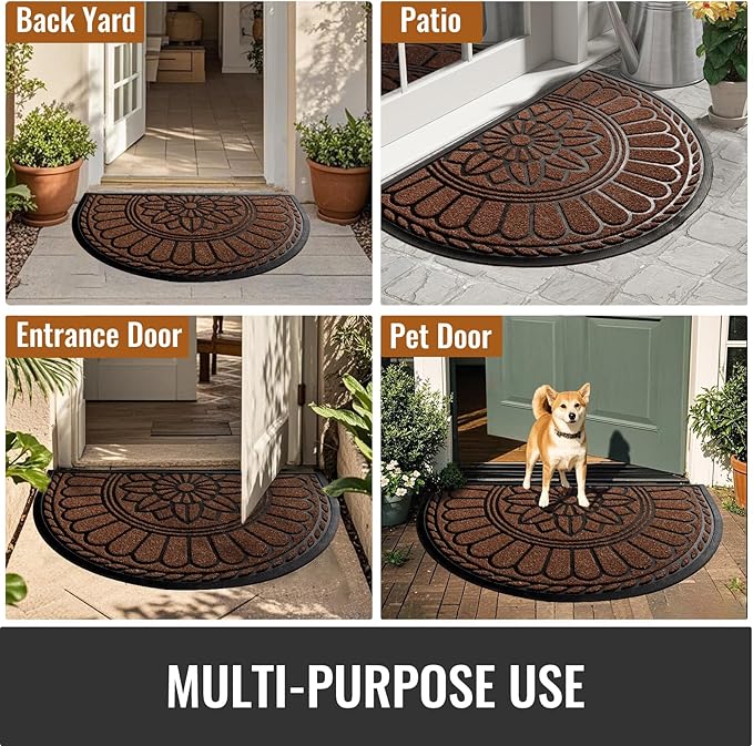 Mibao Front Door Mat Indoor Outdoor Entrance, Semicircular Entrance Mat, Half Round Waterproo Non-Slip Durable Rubber Door Mats, Low Profile Heavy Duty Doormat for Garage, Patio, 30" x 18", Coffee